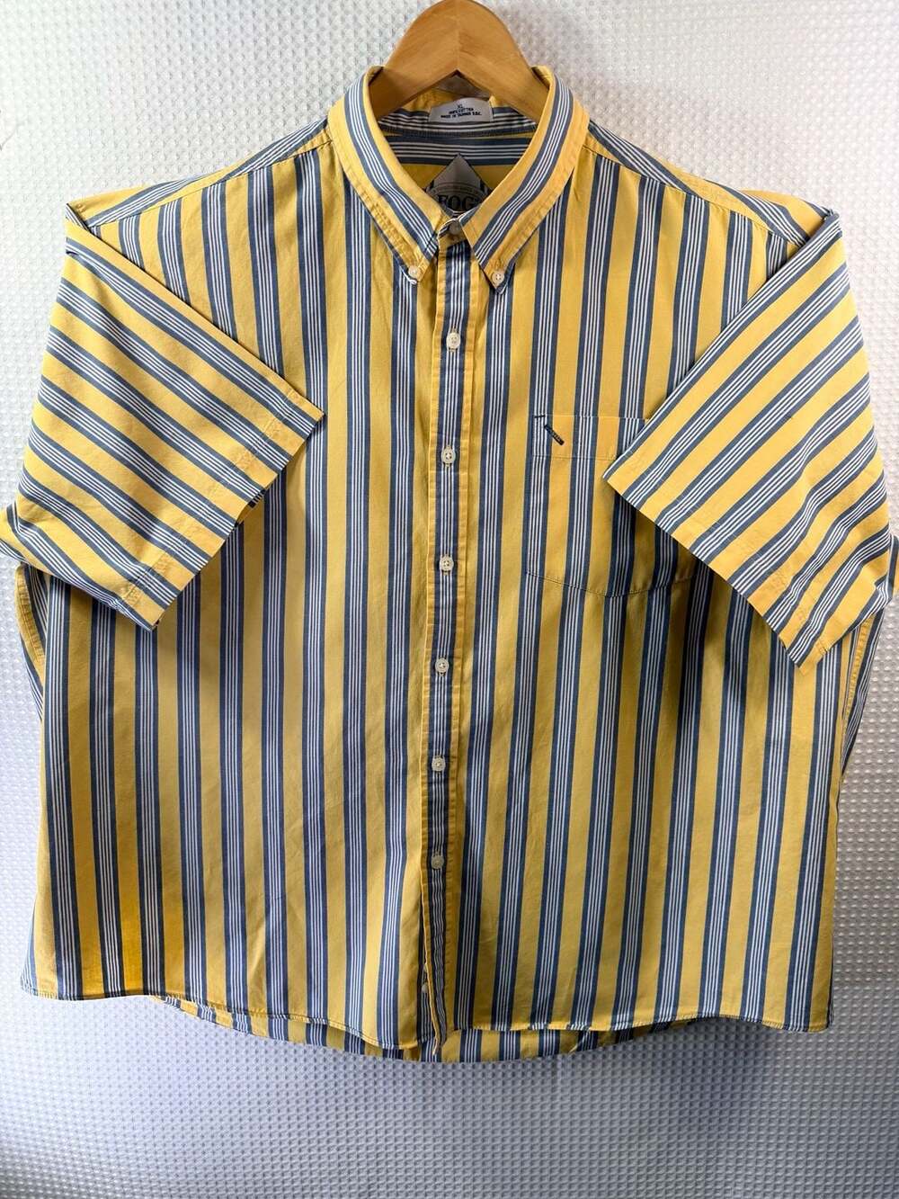London Fog Short Sleeve Button-Down Shirt, Yellow and Blue Striped, 100% Cotton - Picture 2 of 6
